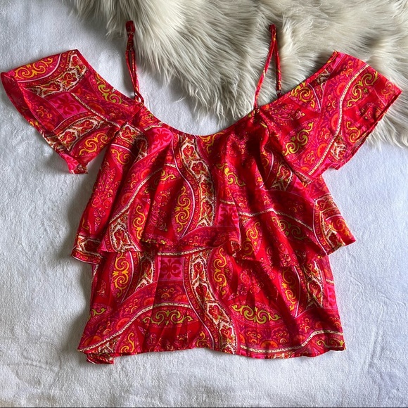 Show Me Your MuMu Tops - Show Me Your Mumu Paisley Romance Ruffle Top Small Cold Shoulder Pink Red Teired